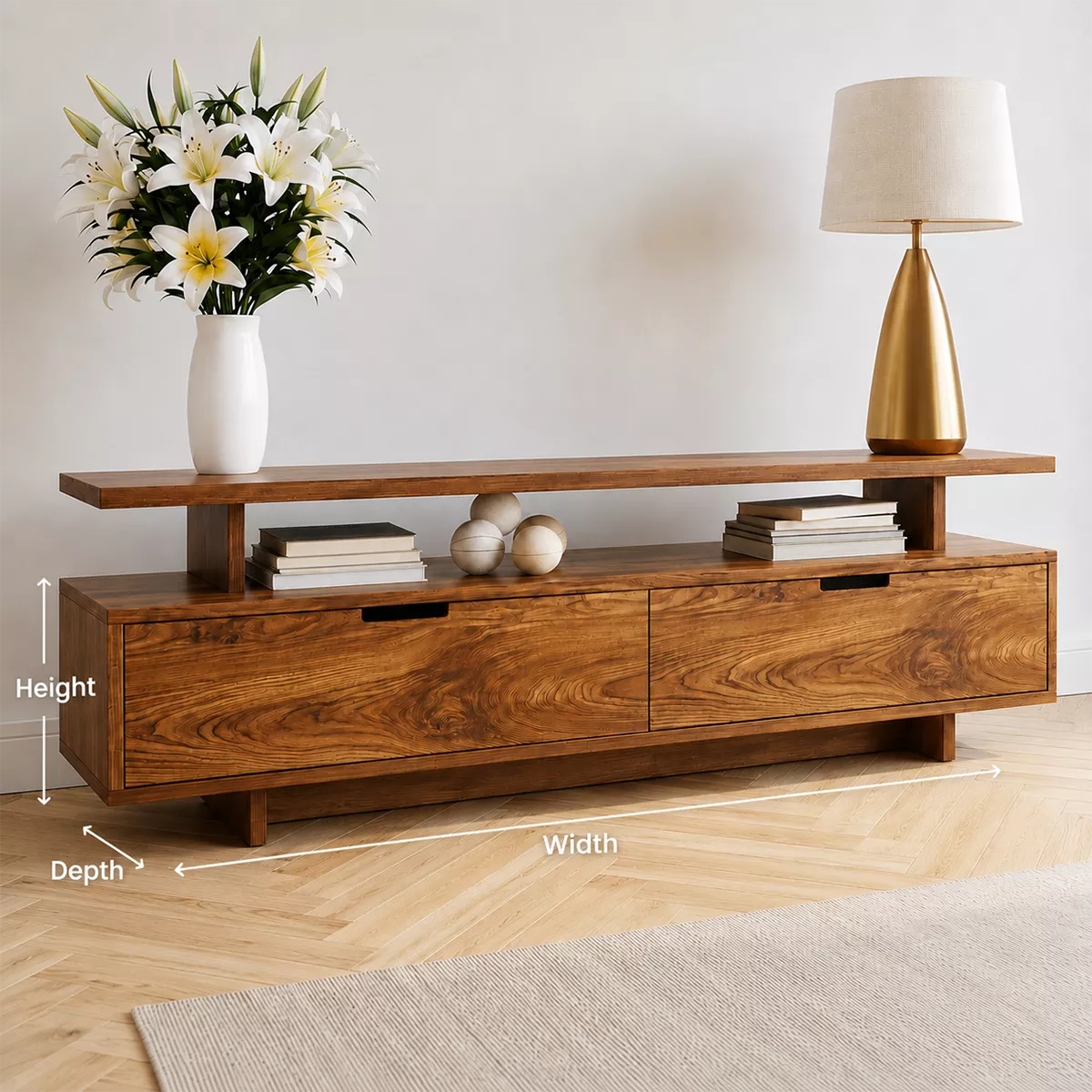 Minimalist TV Stand with Two Storage Drawers and an Open Display Shelf - Rustiracraft