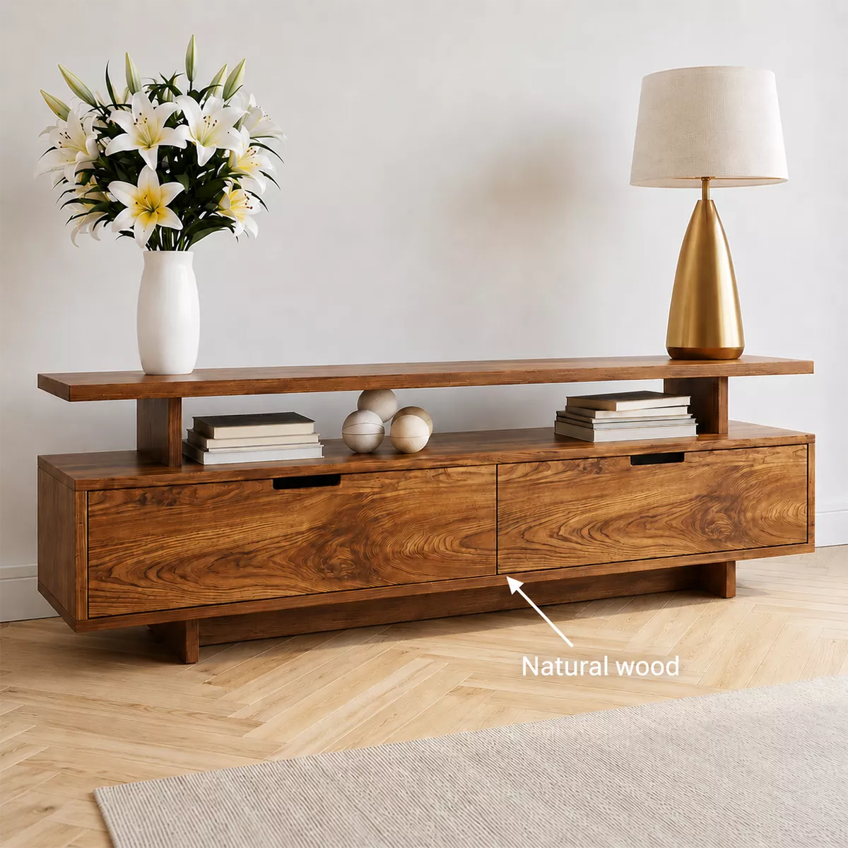 Minimalist TV Stand with Two Storage Drawers and an Open Display Shelf - Rustiracraft