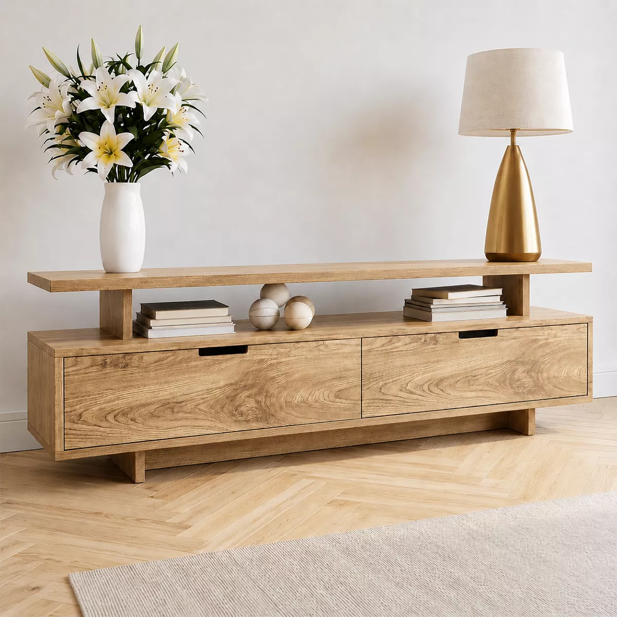 Minimalist TV Stand with Two Storage Drawers and an Open Display Shelf - Rustiracraft