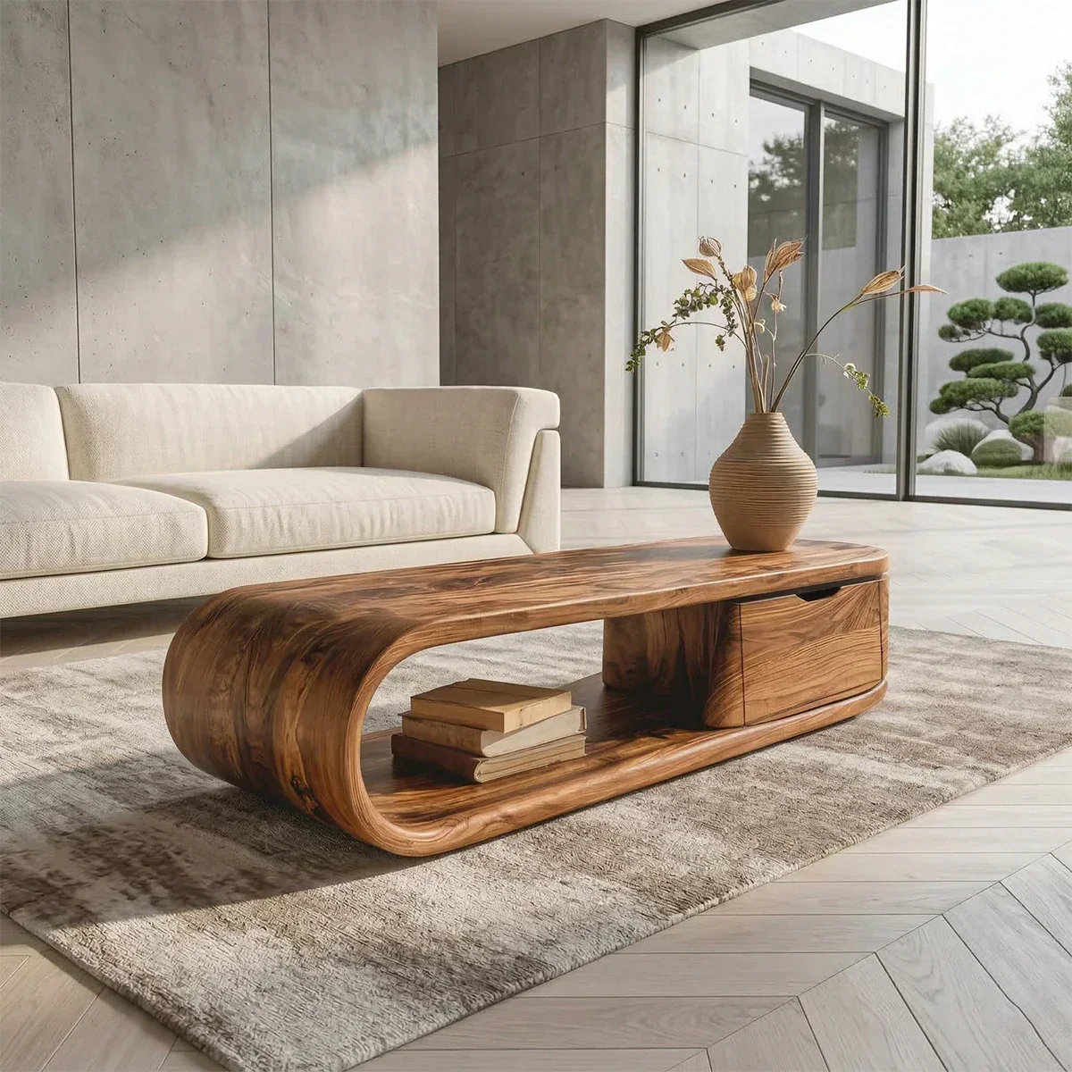 Modern Curved Natural Solid Wood Coffee Table with Drawer Storage - Rustiracraft