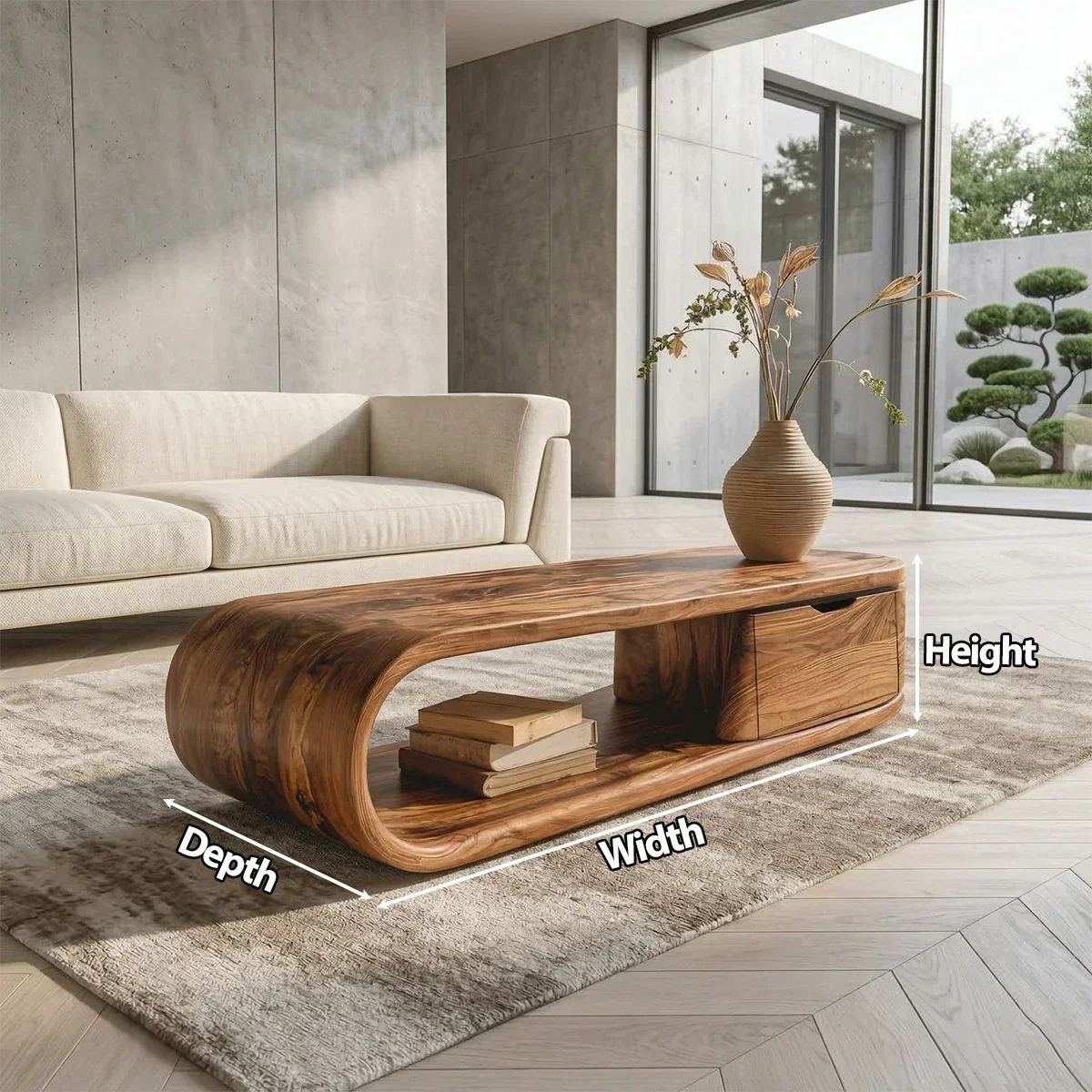 Modern Curved Natural Solid Wood Coffee Table with Drawer Storage - Rustiracraft