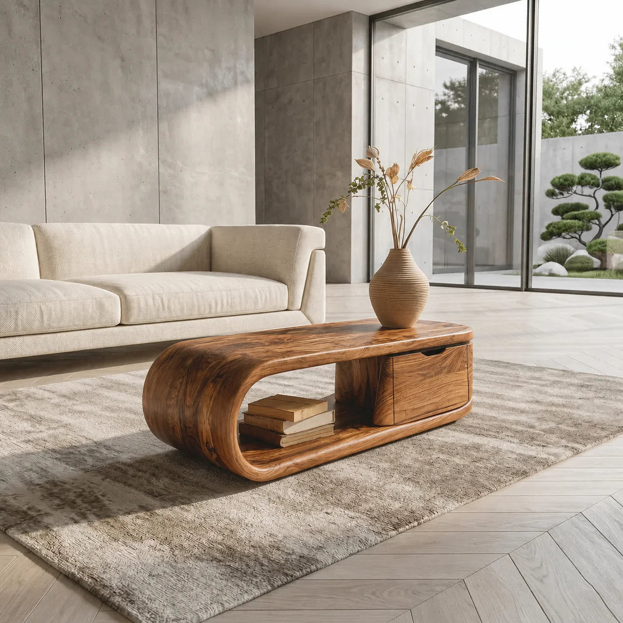 Modern Curved Natural Solid Wood Coffee Table with Drawer Storage - Rustiracraft