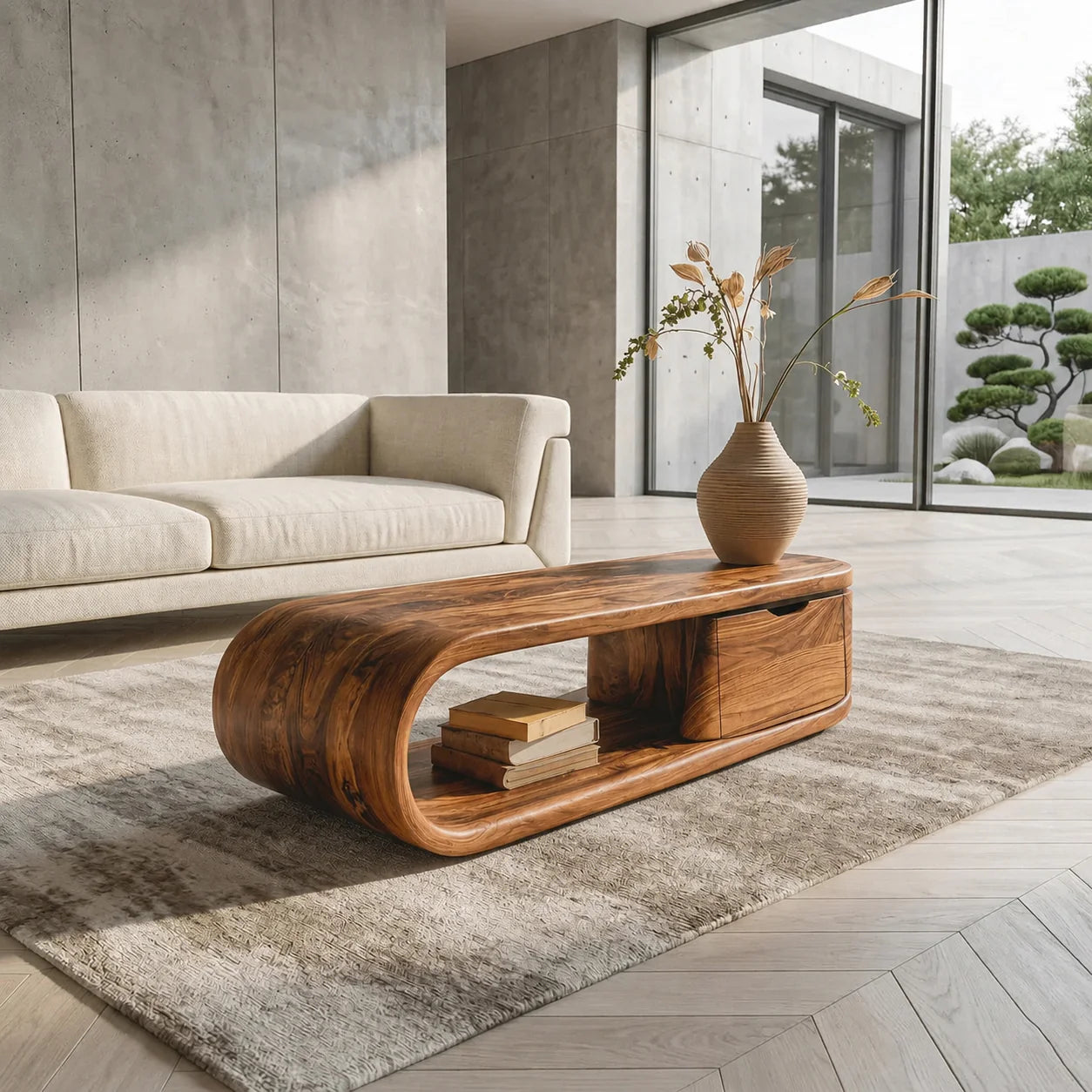 Modern Curved Natural Solid Wood Coffee Table with Drawer Storage - Rustiracraft