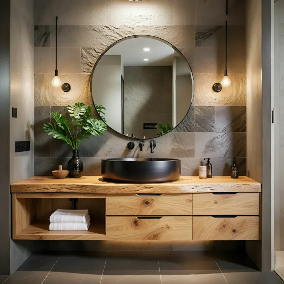 Modern Floating Natural Solid Wood Bathroom Vanity - Rustiracraft