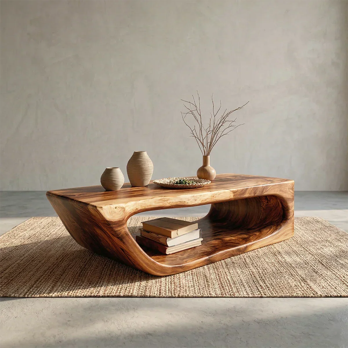 Modern Hollow Form Natural Solid Wood Coffee Table with Open Shelf - Rustiracraft