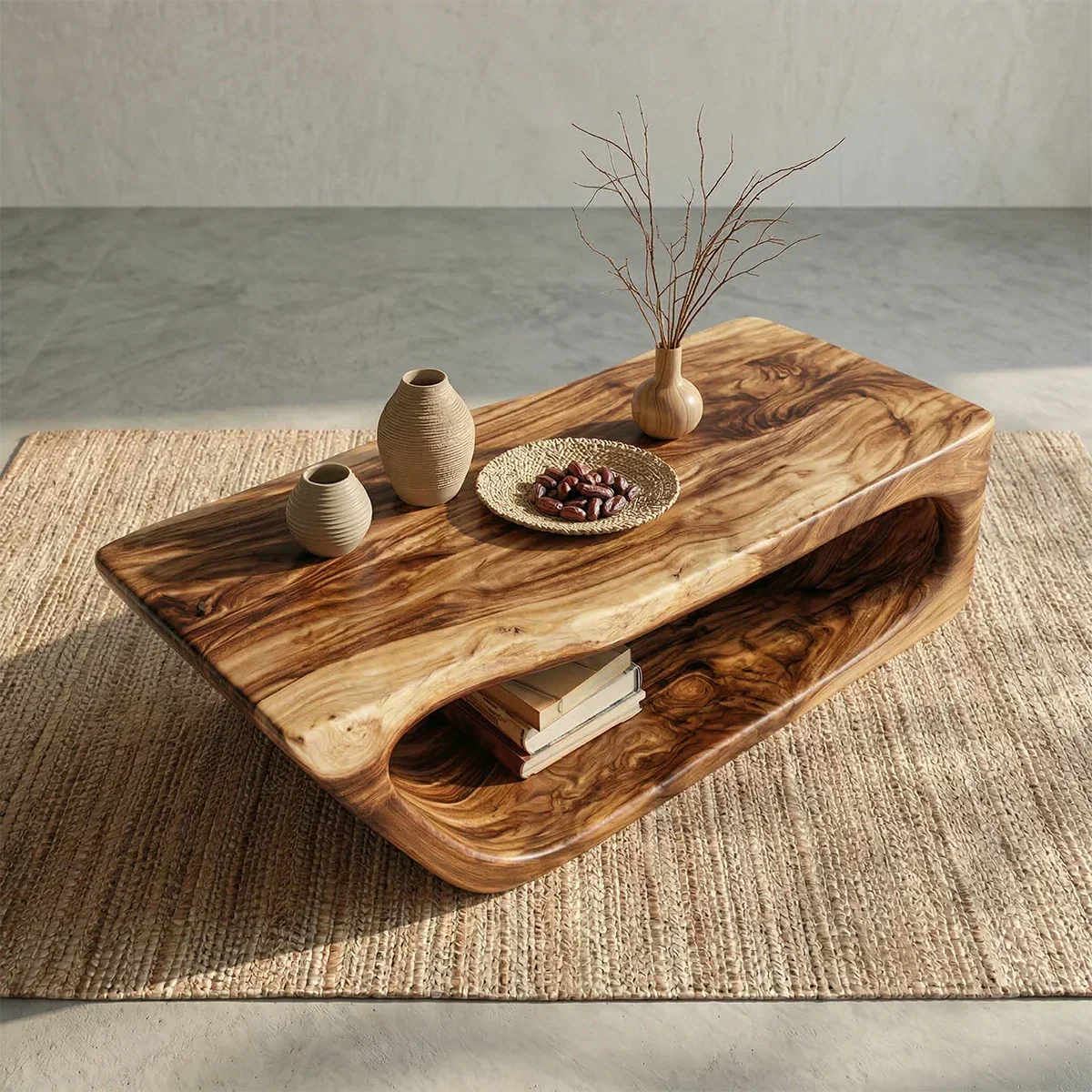 Modern Hollow Form Natural Solid Wood Coffee Table with Open Shelf - Rustiracraft