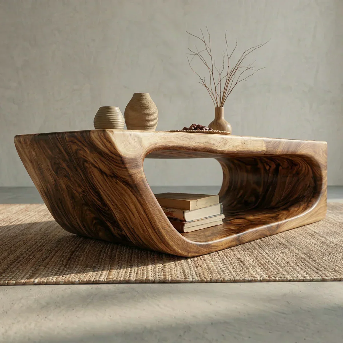 Modern Hollow Form Natural Solid Wood Coffee Table with Open Shelf - Rustiracraft