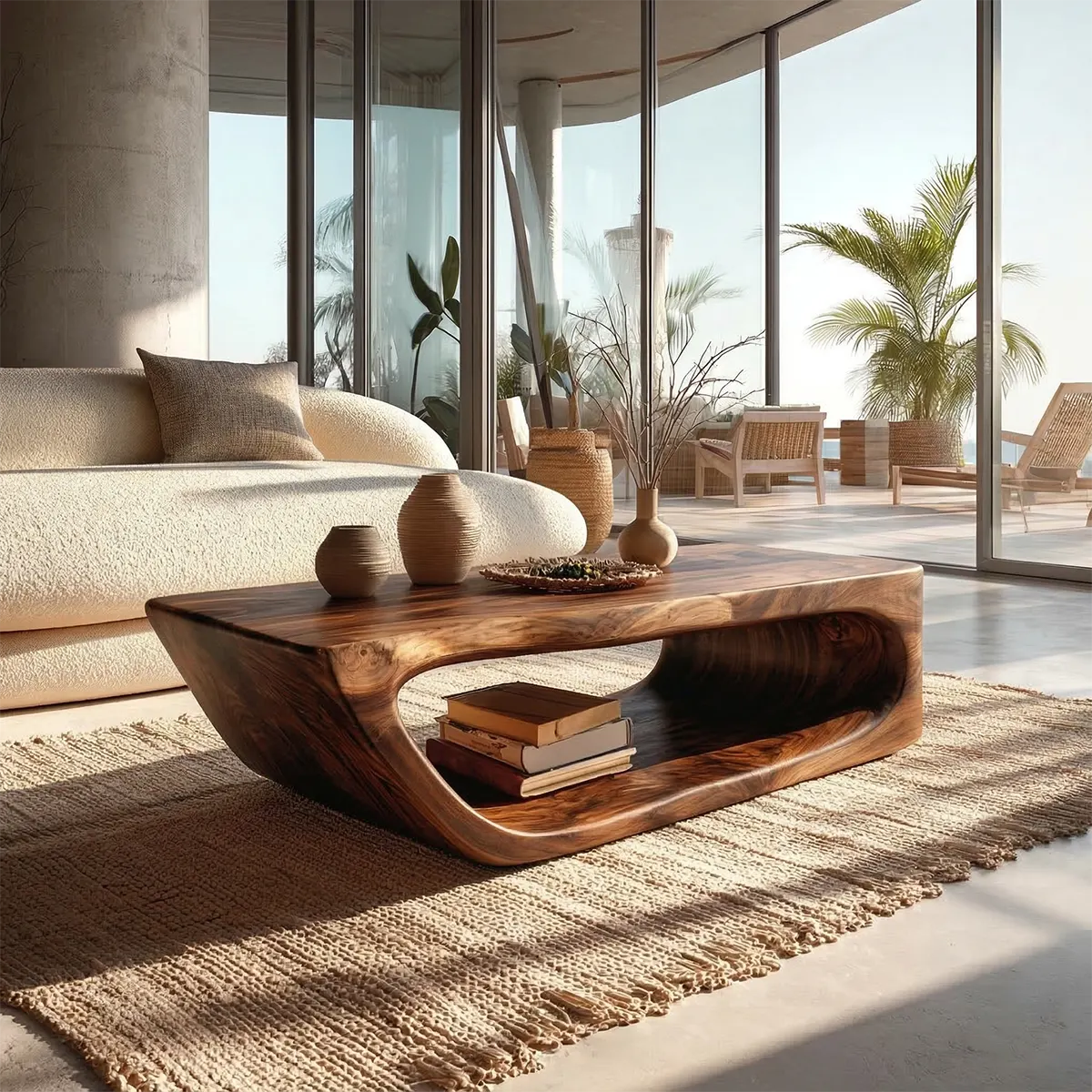 Modern Hollow Form Natural Solid Wood Coffee Table with Open Shelf - Rustiracraft