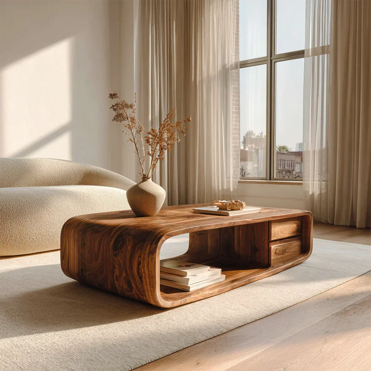Modern Natural Solid Wood Coffee Table with Drawer and Open Shelf - Rustiracraft