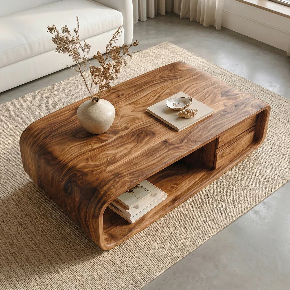 Modern Natural Solid Wood Coffee Table with Drawer and Open Shelf - Rustiracraft