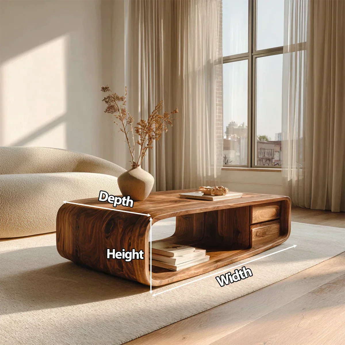 Modern Natural Solid Wood Coffee Table with Drawer and Open Shelf - Rustiracraft