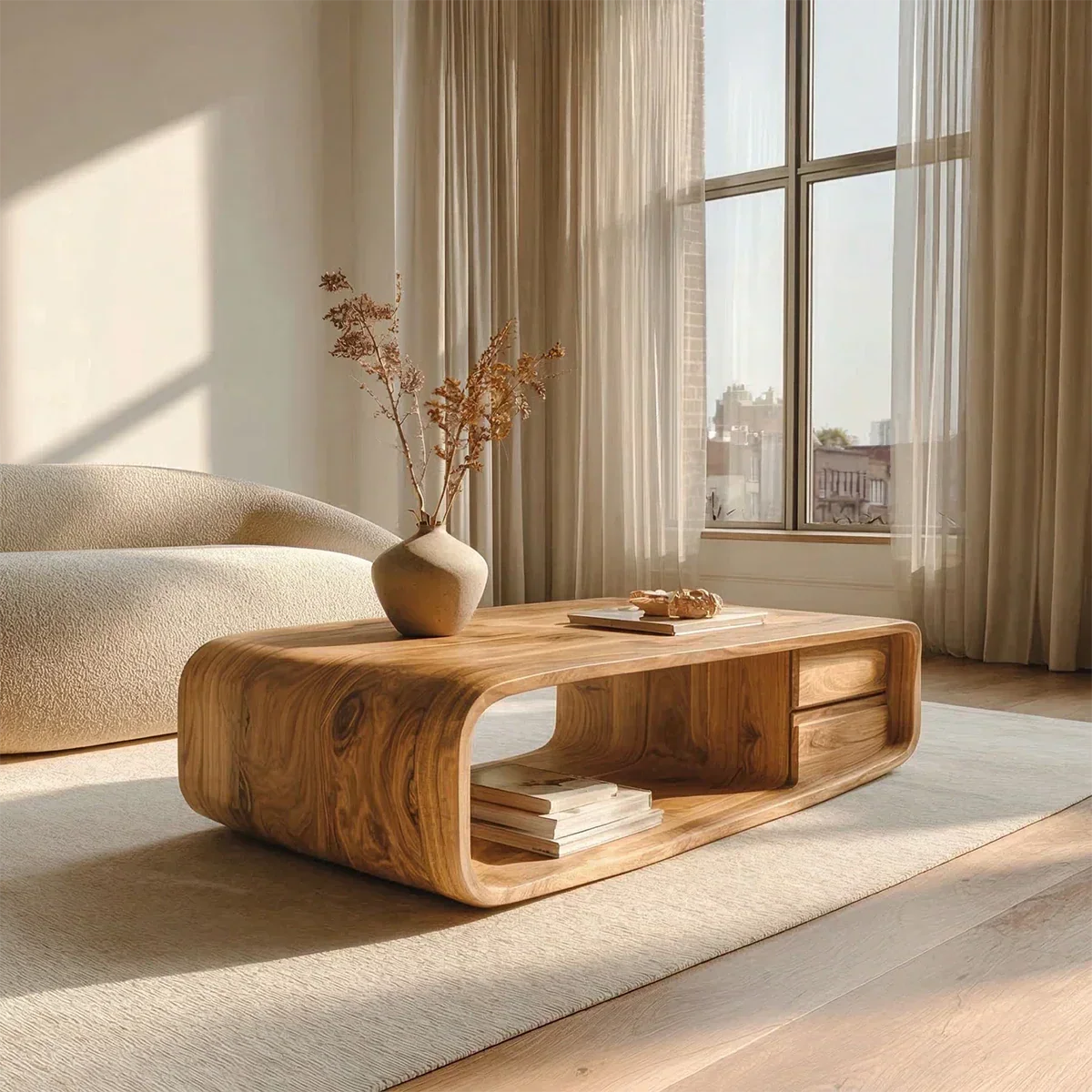 Modern Natural Solid Wood Coffee Table with Drawer and Open Shelf - Rustiracraft
