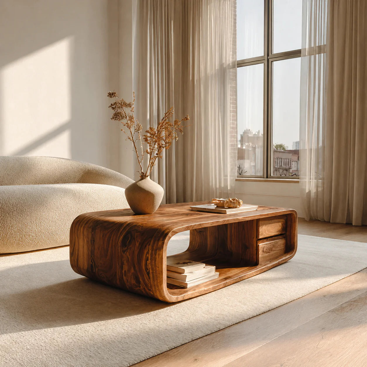 Modern Natural Solid Wood Coffee Table with Drawer and Open Shelf - Rustiracraft