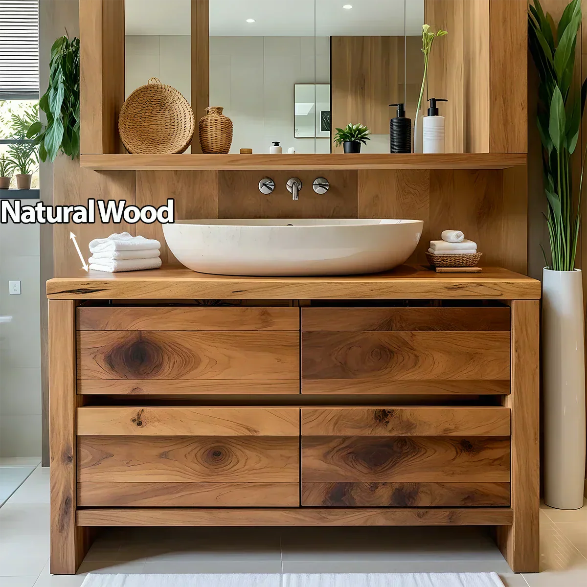 Modern Natural Solid Wood Vanity with Wide Grain Drawers - Rustiracraft