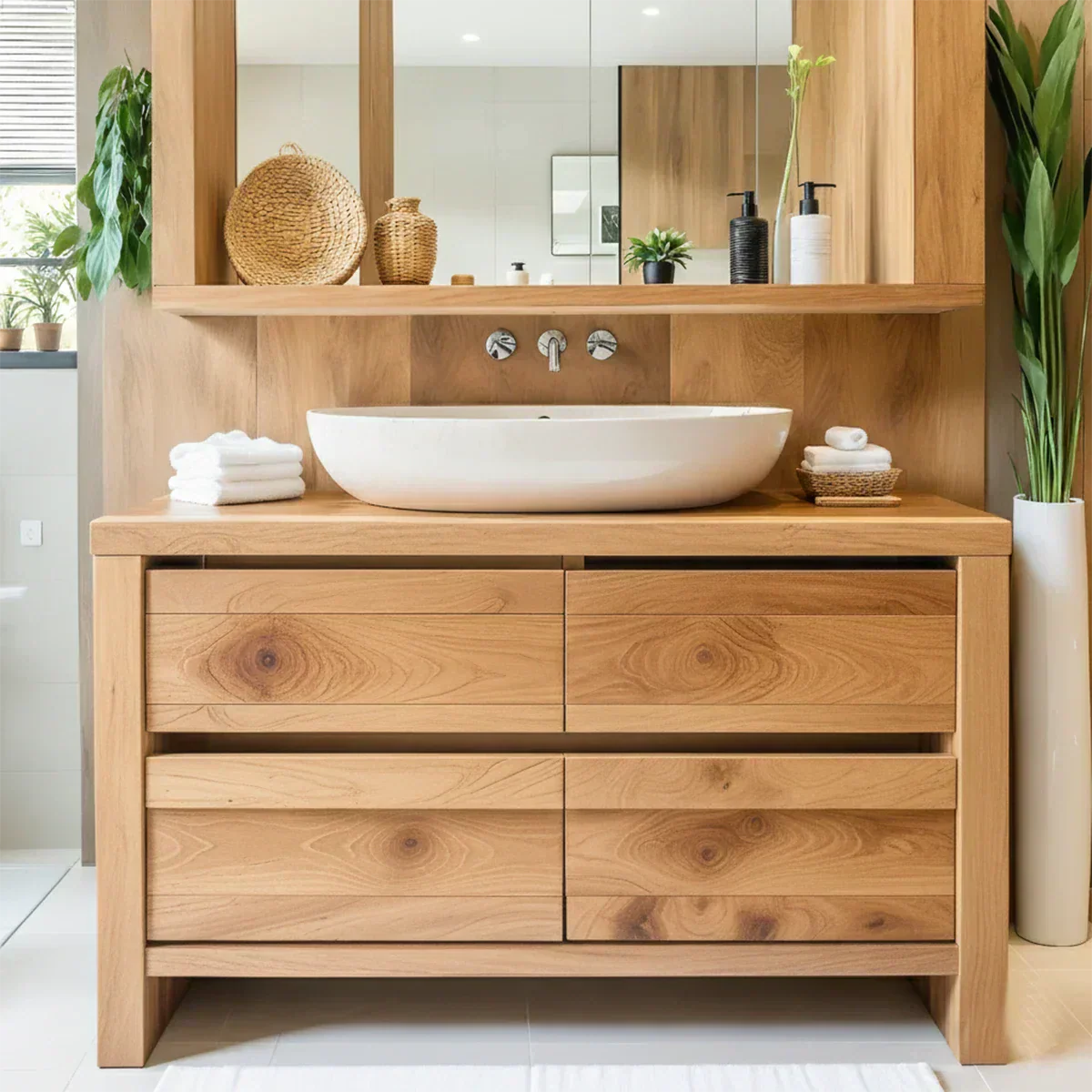 Modern Natural Solid Wood Vanity with Wide Grain Drawers - Rustiracraft