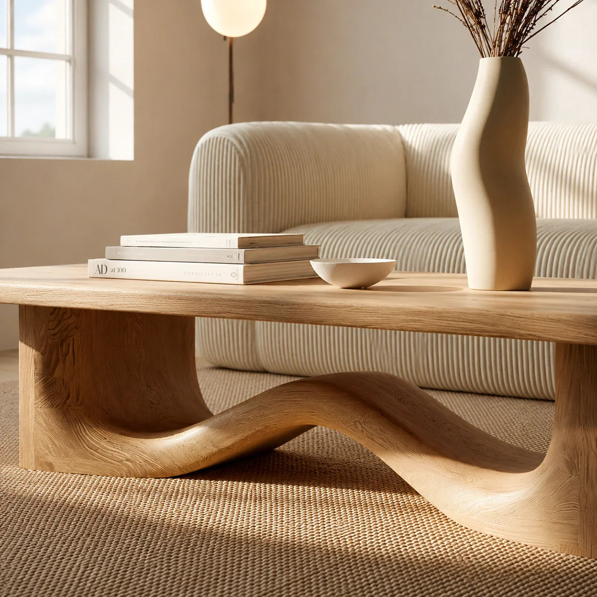 Modern Solid Oak Wood Coffee Table | Sculptural Wave Base Minimalist Living Room Table - Rustiracraft