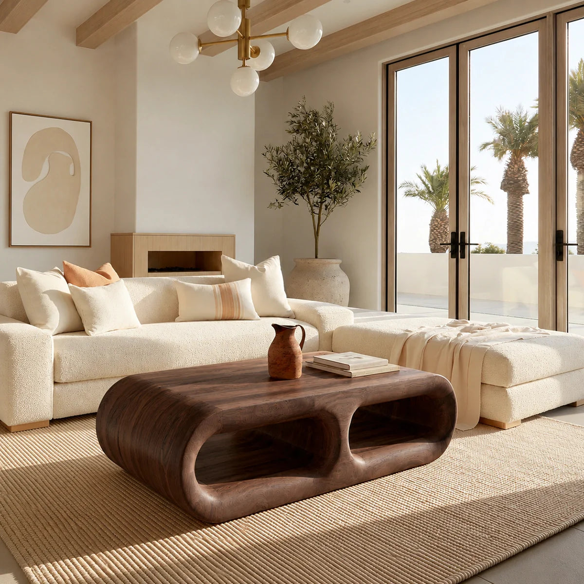Modern Solid Walnut Coffee Table with Open Storage | Curved Minimalist Living Room Table - Rustiracraft