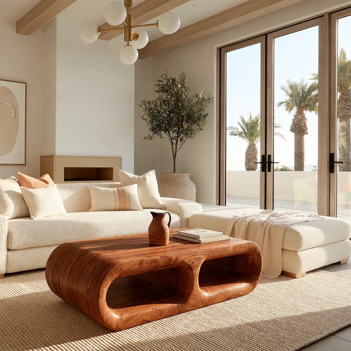 Modern Solid Walnut Coffee Table with Open Storage | Curved Minimalist Living Room Table - Rustiracraft