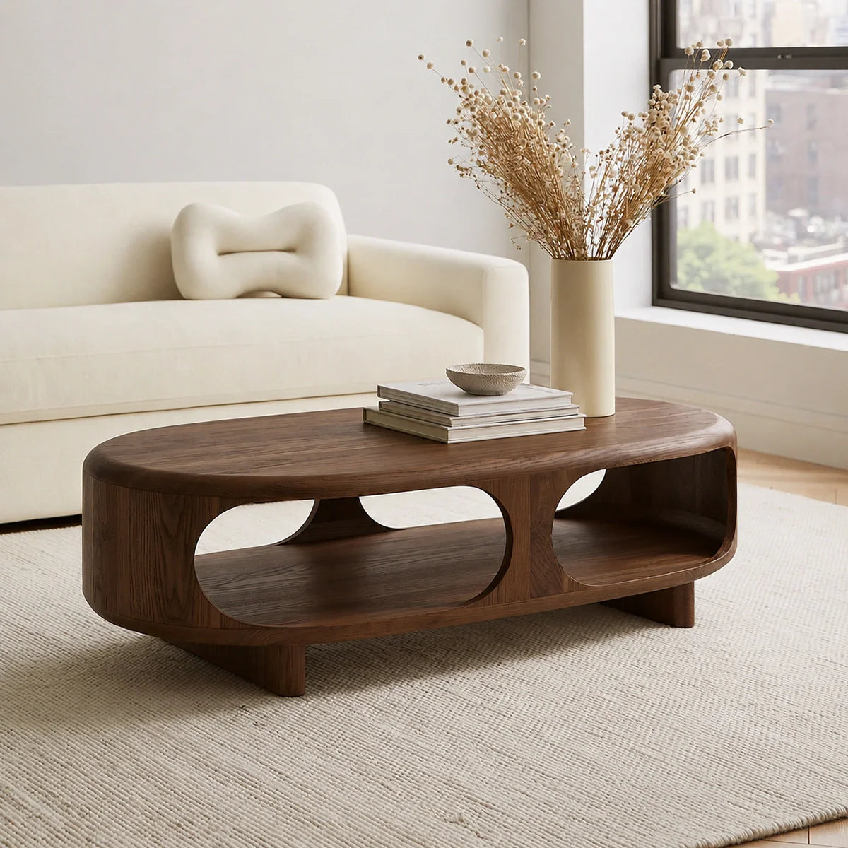 Modern Solid Walnut Wood Coffee Table with Open Storage Shelf | Minimalist Oval Living Room Center Table - Rustiracraft