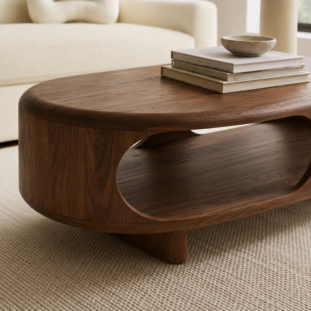 Modern Solid Walnut Wood Coffee Table with Open Storage Shelf | Minimalist Oval Living Room Center Table - Rustiracraft
