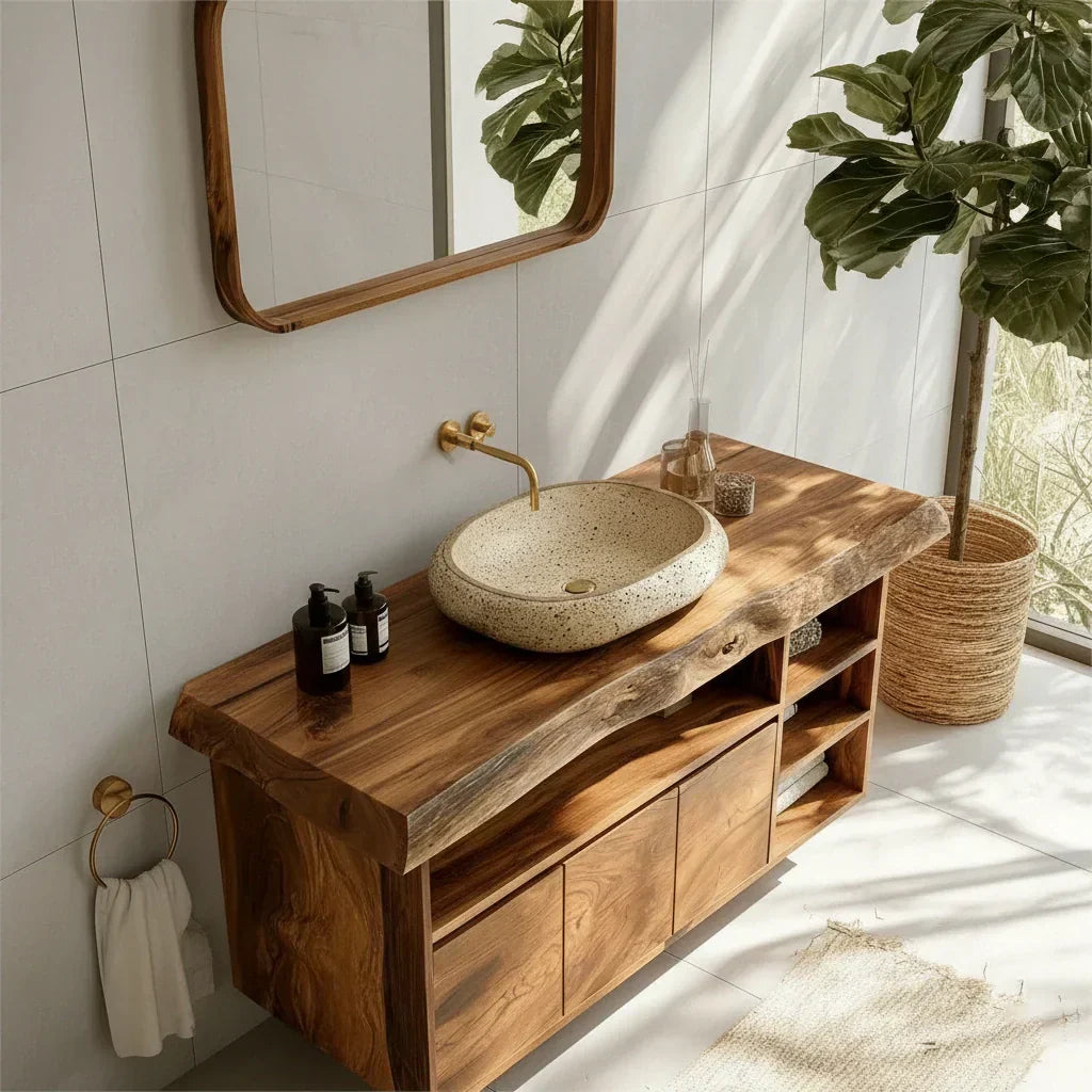 Modern Solid Wood Bathroom Vanity with Live Edge Counter & Storage - Rustiracraft