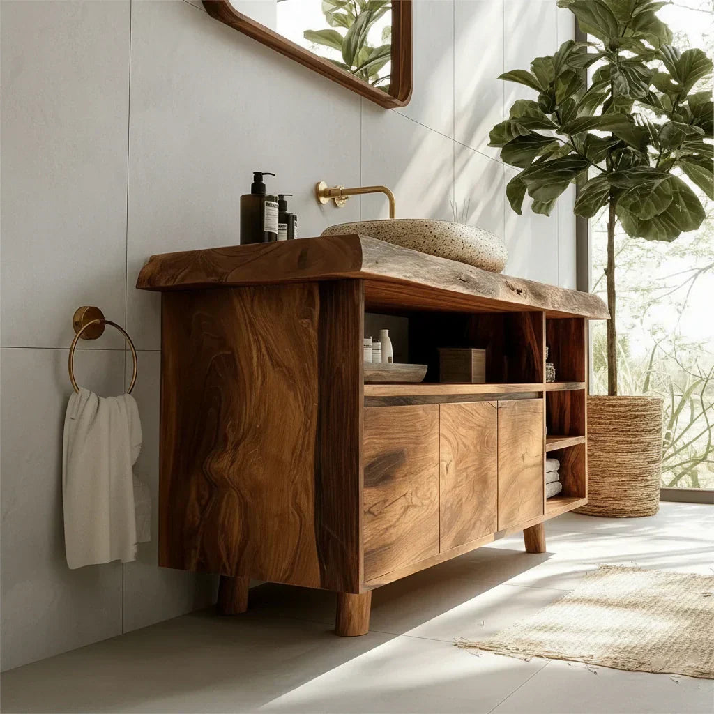 Modern Solid Wood Bathroom Vanity with Live Edge Counter & Storage - Rustiracraft