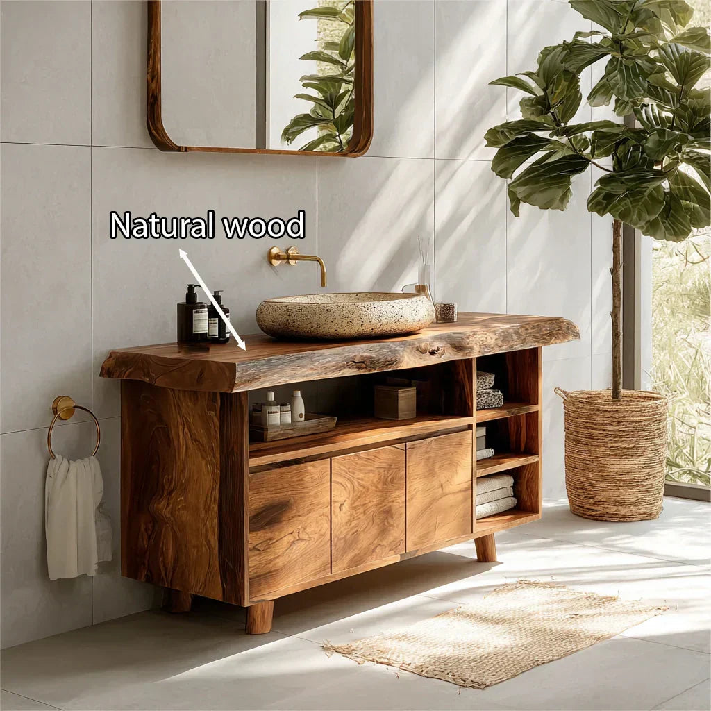 Modern Solid Wood Bathroom Vanity with Live Edge Counter & Storage - Rustiracraft