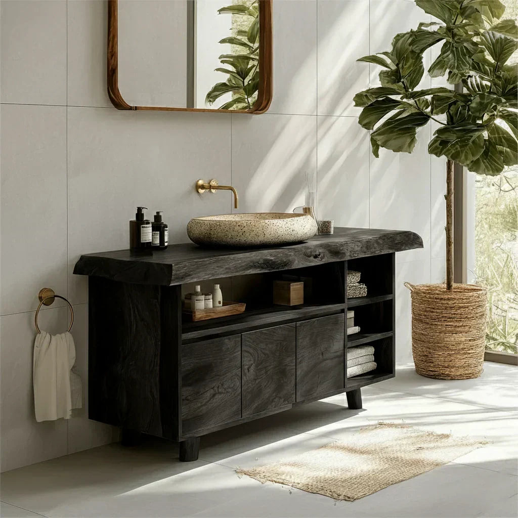 Modern Solid Wood Bathroom Vanity with Live Edge Counter & Storage - Rustiracraft
