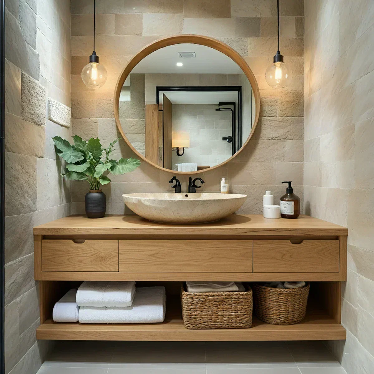 Modern Solid Wood Bathroom Vanity with Storage Shelf - Rustiracraft