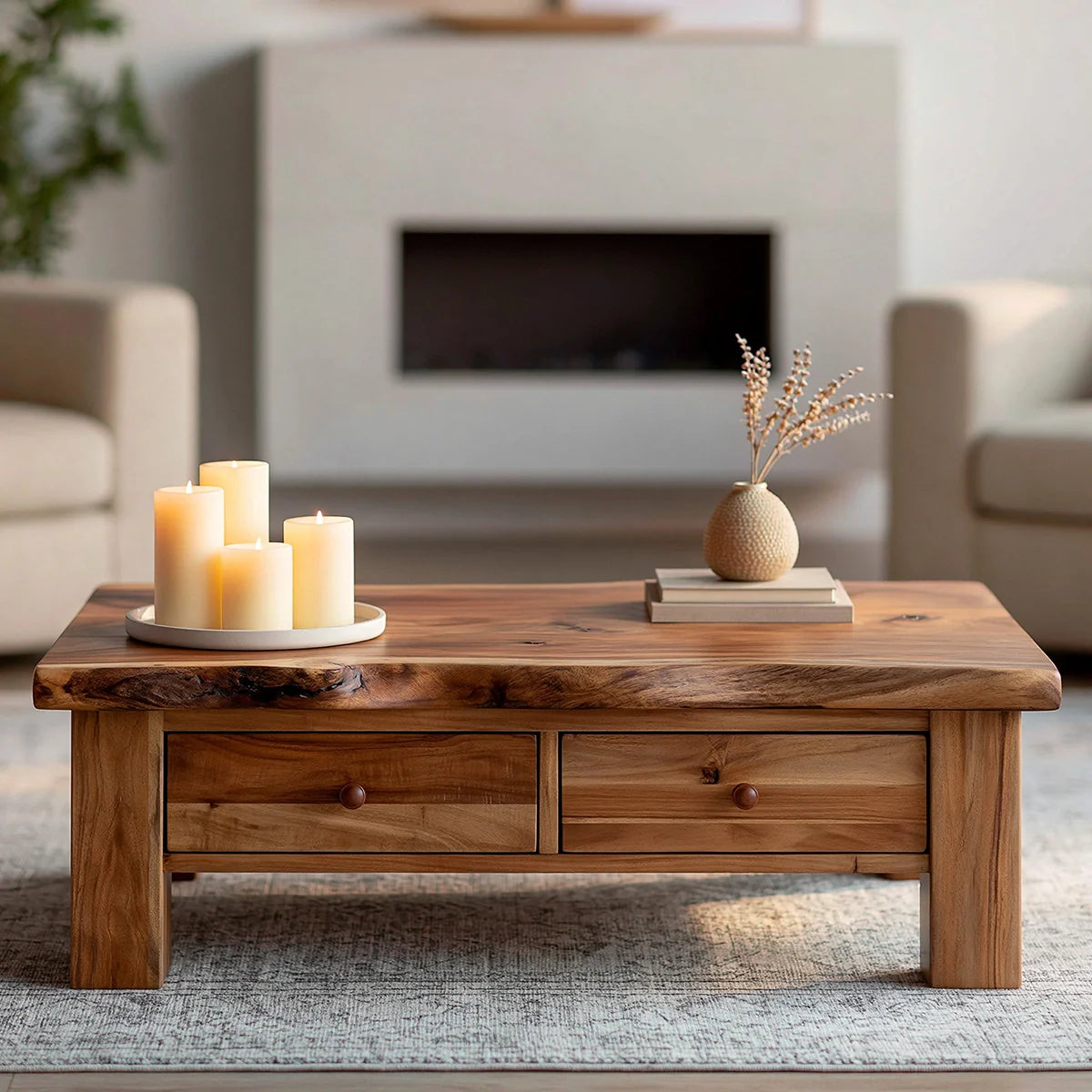 Modern Solid Wood Coffee Table with Storage Drawers | Rustic Farmhouse Center Table - Rustiracraft
