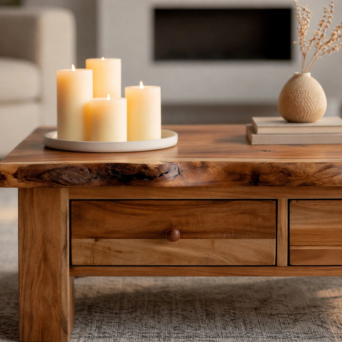 Modern Solid Wood Coffee Table with Storage Drawers | Rustic Farmhouse Center Table - Rustiracraft