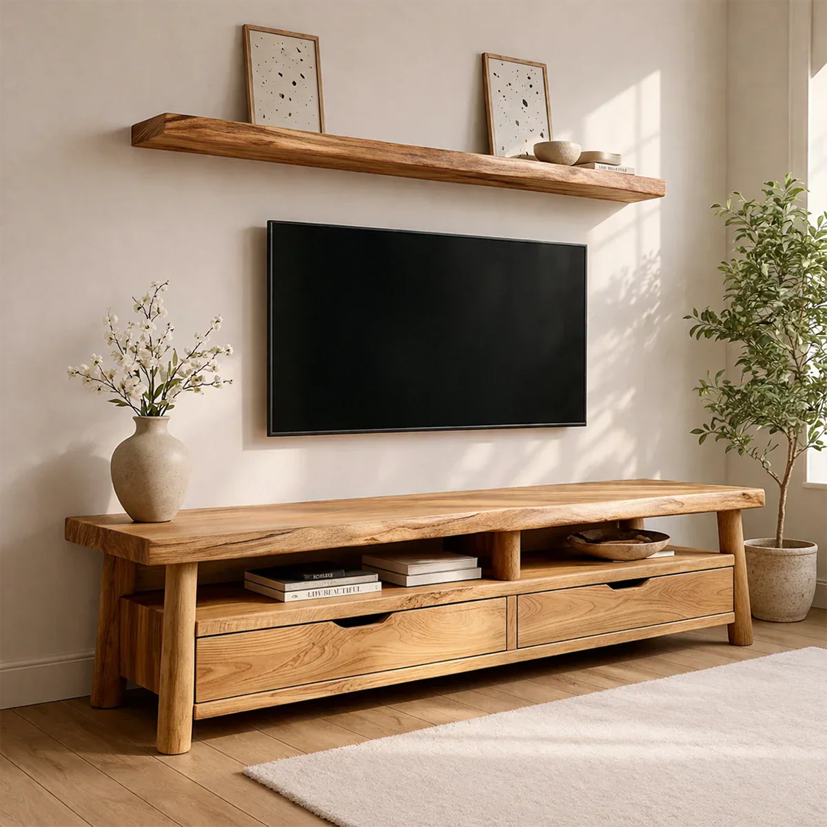 Modern Solid Wood TV Stand with Drawers and Open Shelf Storage - Rustiracraft