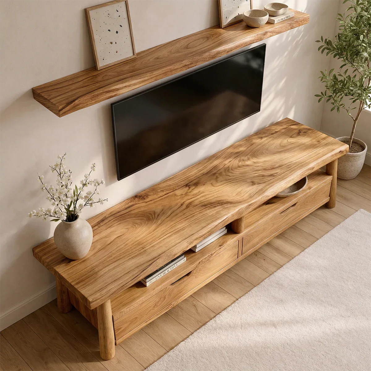 Modern Solid Wood TV Stand with Drawers and Open Shelf Storage - Rustiracraft
