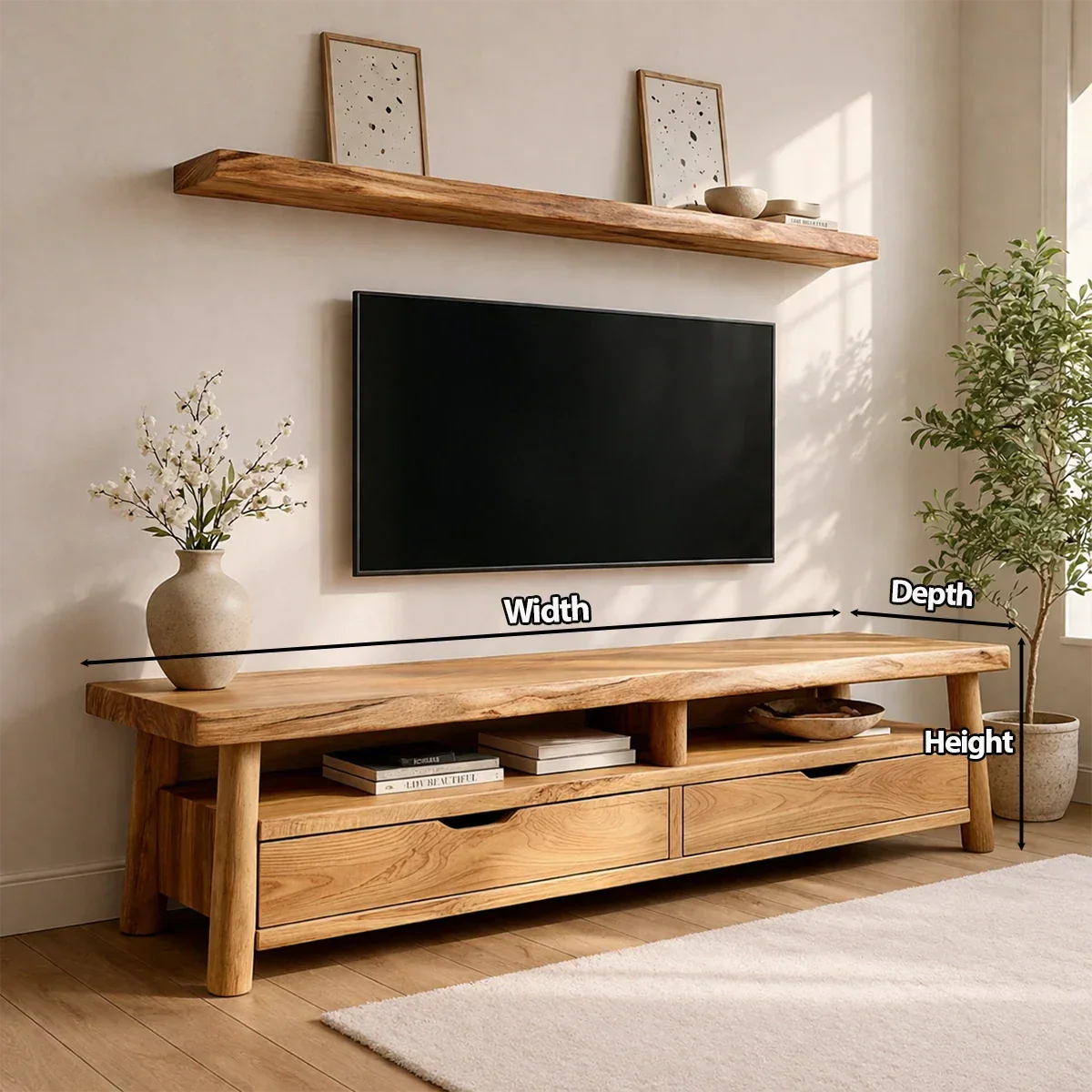 Modern Solid Wood TV Stand with Drawers and Open Shelf Storage - Rustiracraft