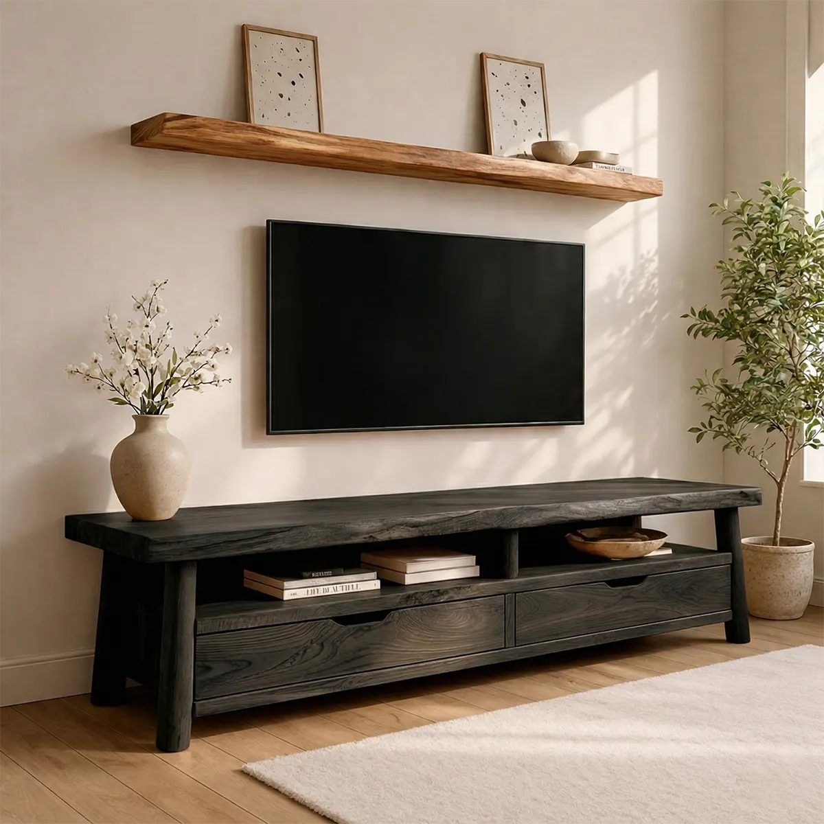 Modern Solid Wood TV Stand with Drawers and Open Shelf Storage - Rustiracraft