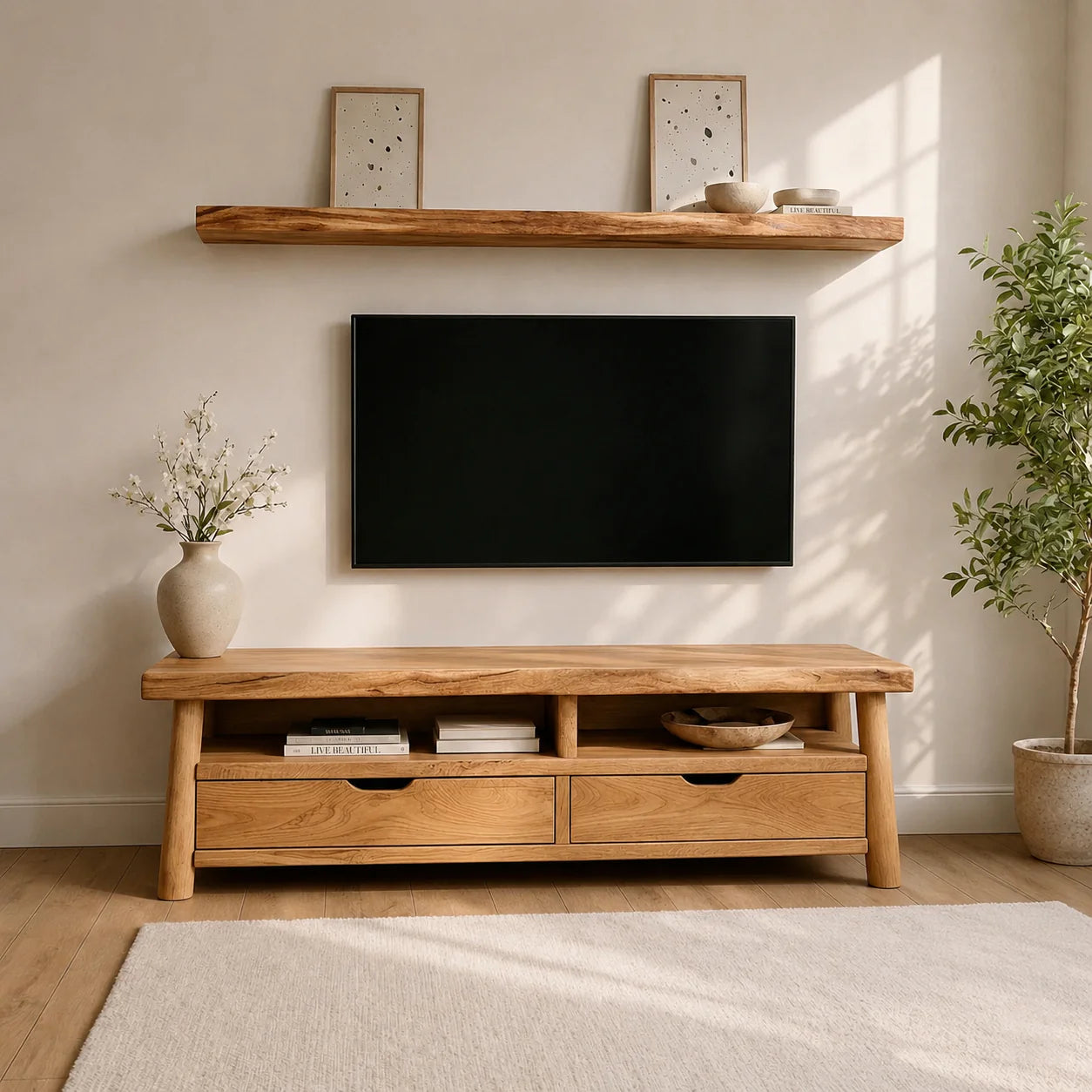 Modern Solid Wood TV Stand with Drawers and Open Shelf Storage - Rustiracraft