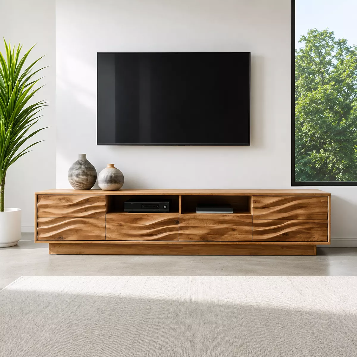 Modern TV Stand with Four Sculptural Wave Drawer Fronts and Niches - Rustiracraft