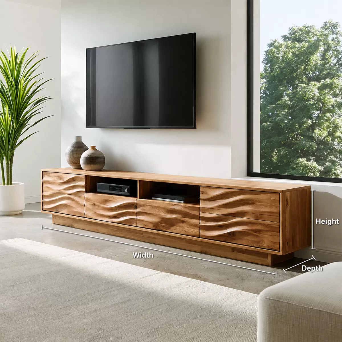 Modern TV Stand with Four Sculptural Wave Drawer Fronts and Niches - Rustiracraft