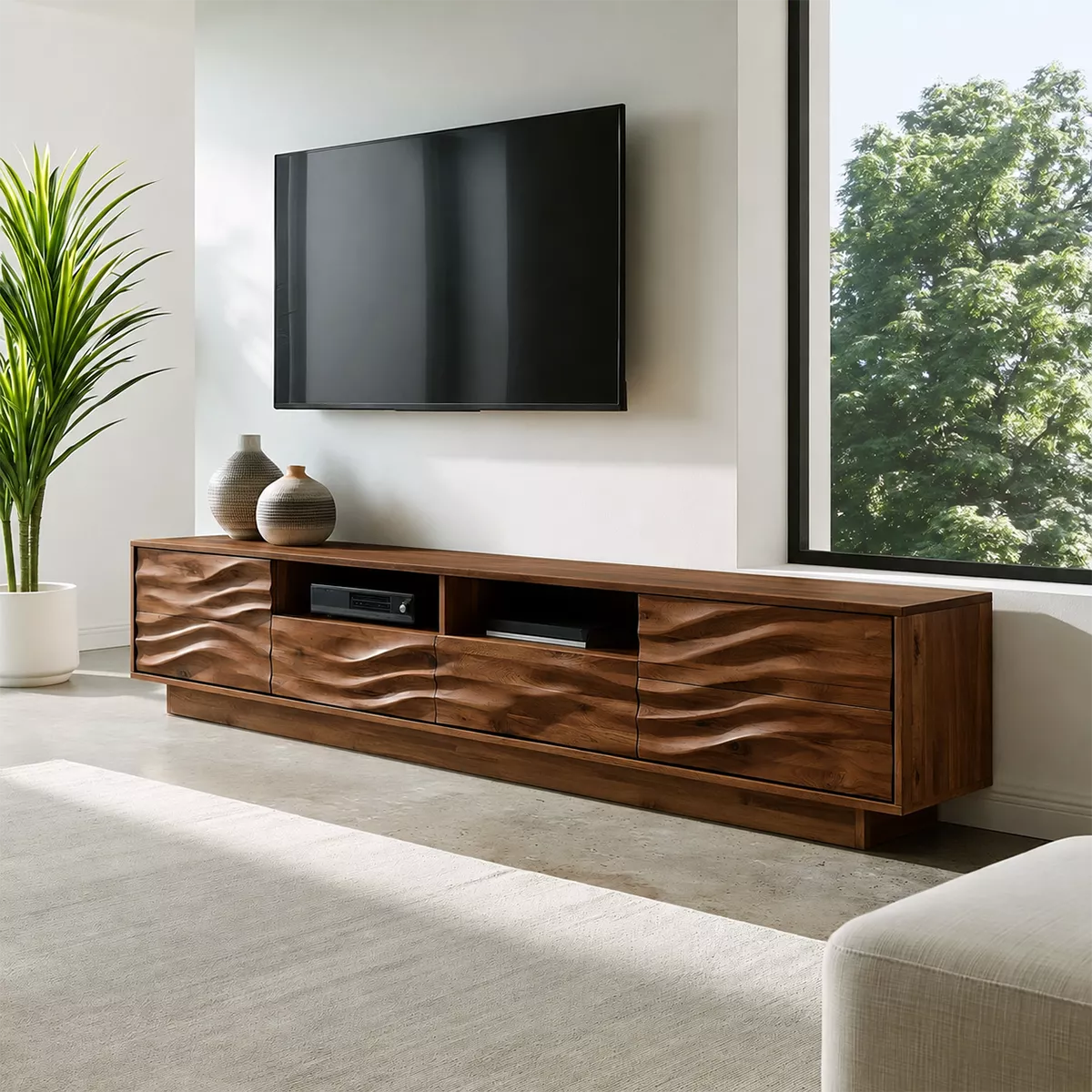 Modern TV Stand with Four Sculptural Wave Drawer Fronts and Niches - Rustiracraft