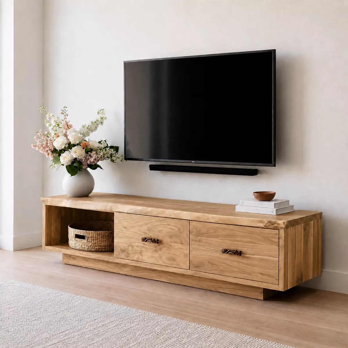 Modern TV Stand with Open Storage Nook and Two Drawers with Metal Handles - Rustiracraft