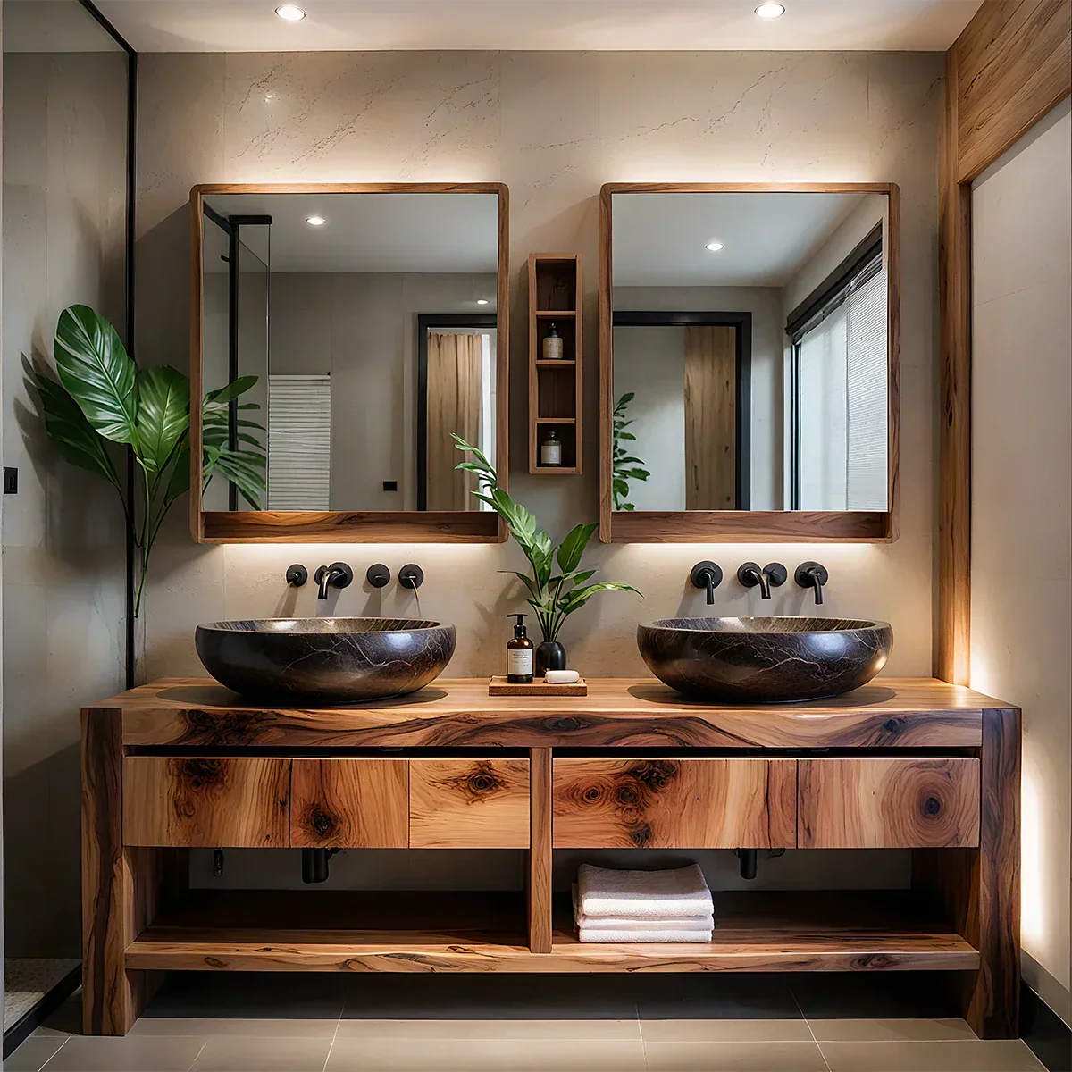Modern Twin-Basin Natural Solid Wood Bathroom Vanity - Rustiracraft
