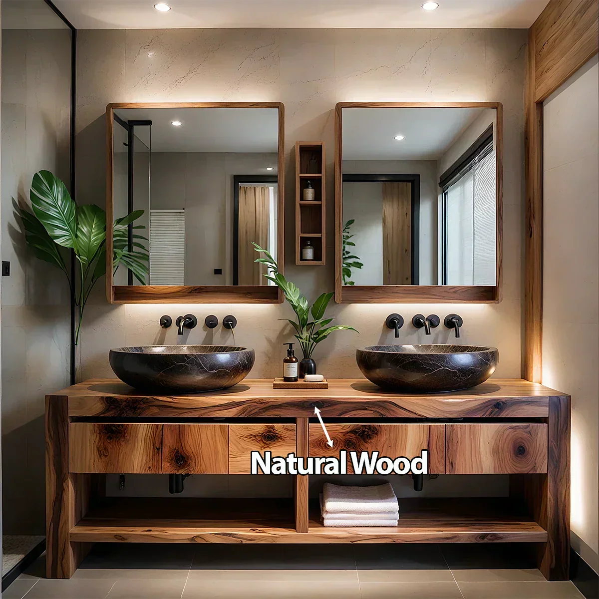Modern Twin-Basin Natural Solid Wood Bathroom Vanity - Rustiracraft