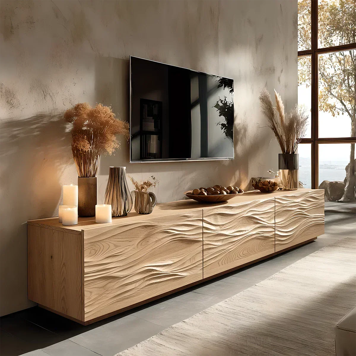 Modern Wavy Solid Wood TV Stand – Sculpted Minimalist Media Console - Rustiracraft