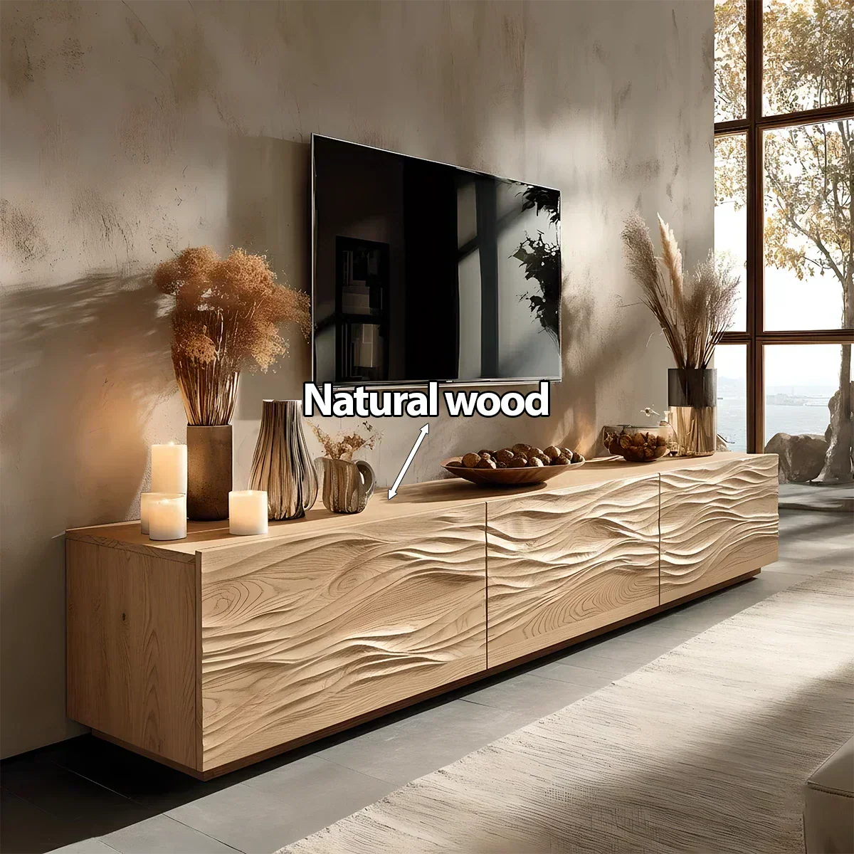Modern Wavy Solid Wood TV Stand – Sculpted Minimalist Media Console - Rustiracraft