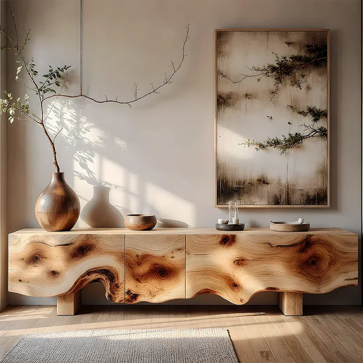 Natural Burl Flow Solid Wood TV Console – Wabi Sabi Organic Design - Rustiracraft