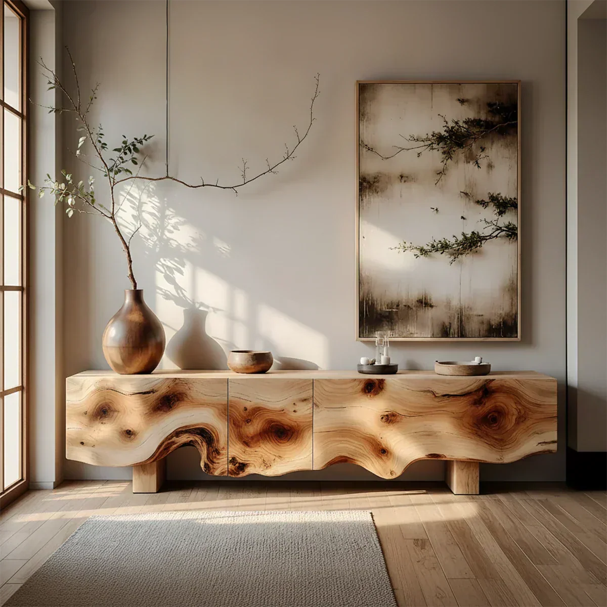 Natural Burl Flow Solid Wood TV Console – Wabi Sabi Organic Design - Rustiracraft