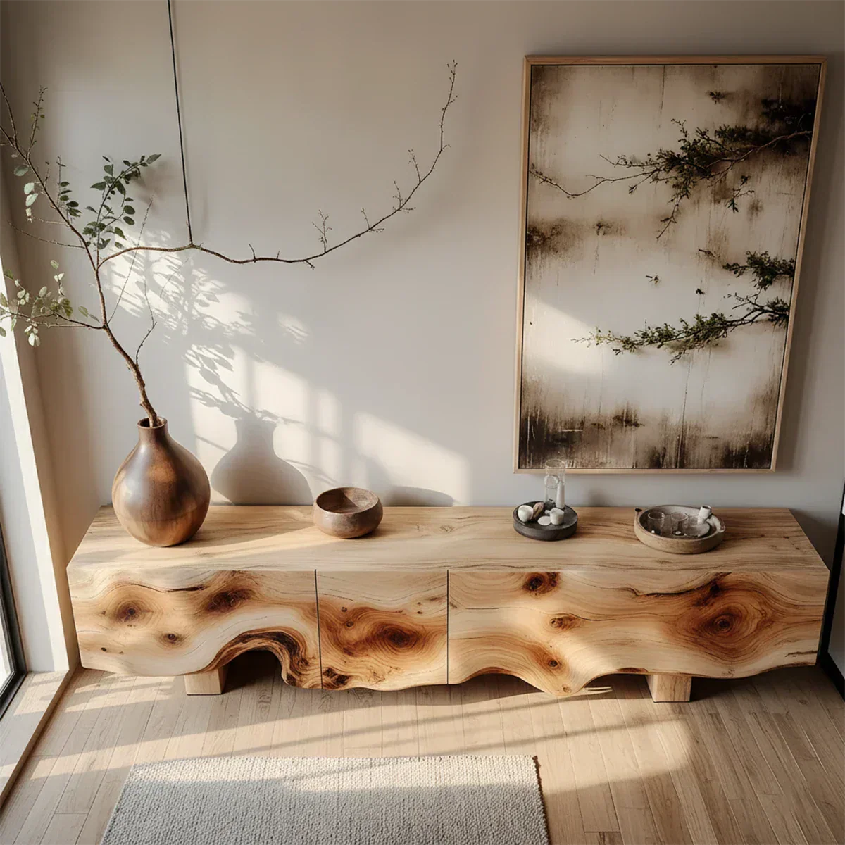 Natural Burl Flow Solid Wood TV Console – Wabi Sabi Organic Design - Rustiracraft
