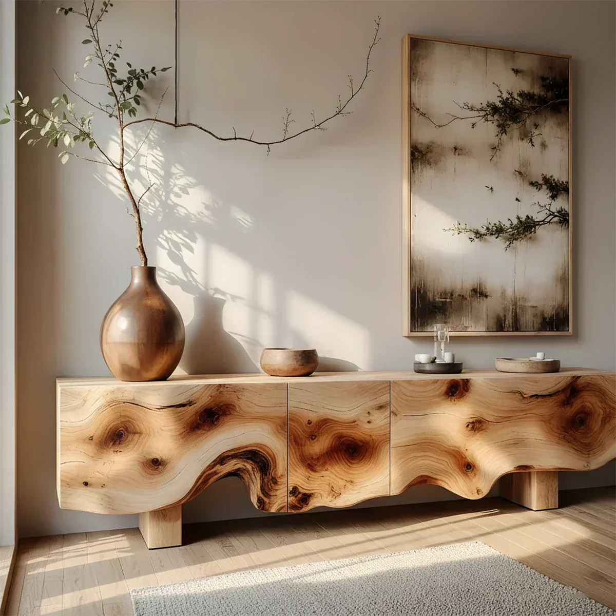 Natural Burl Flow Solid Wood TV Console – Wabi Sabi Organic Design - Rustiracraft
