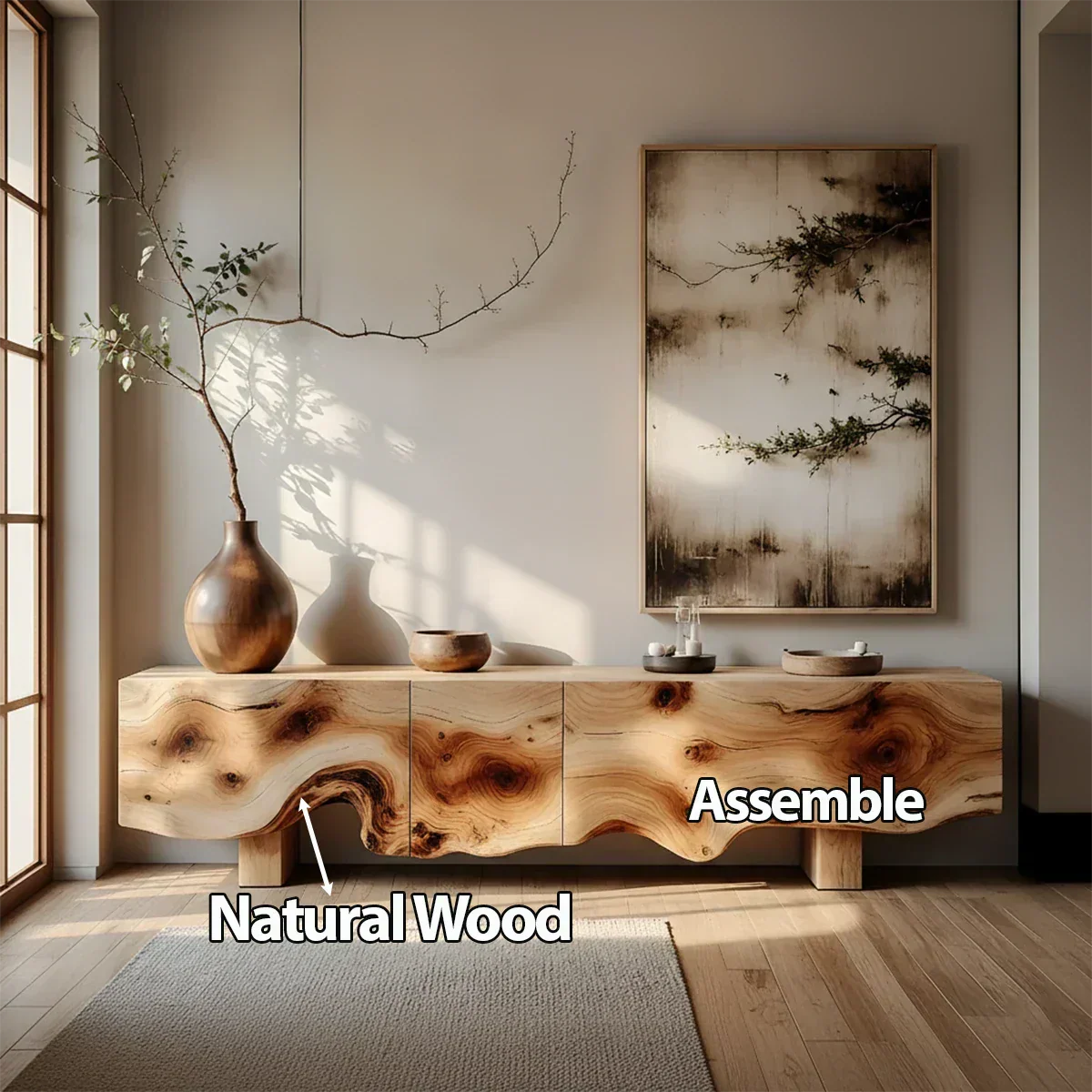 Natural Burl Flow Solid Wood TV Console – Wabi Sabi Organic Design - Rustiracraft