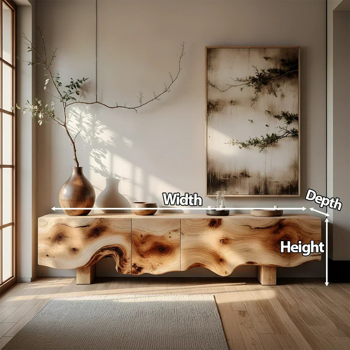 Natural Burl Flow Solid Wood TV Console – Wabi Sabi Organic Design - Rustiracraft